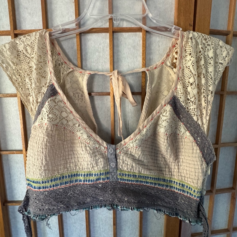 Free People Cream and Gray Smocked Tie back/neck Crop Blouse